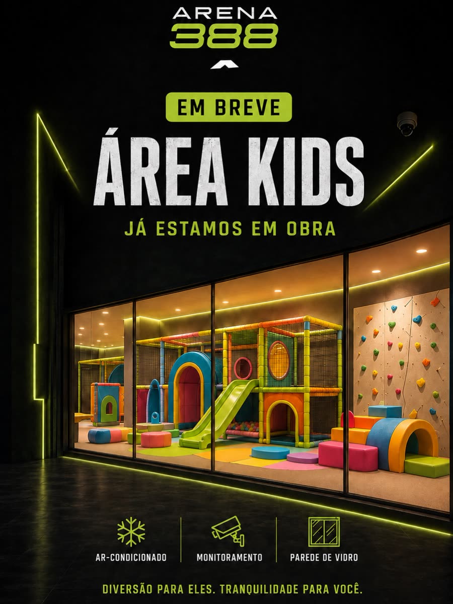 Projeto da Área Kids com brinquedos coloridos atrás de parede de vidro