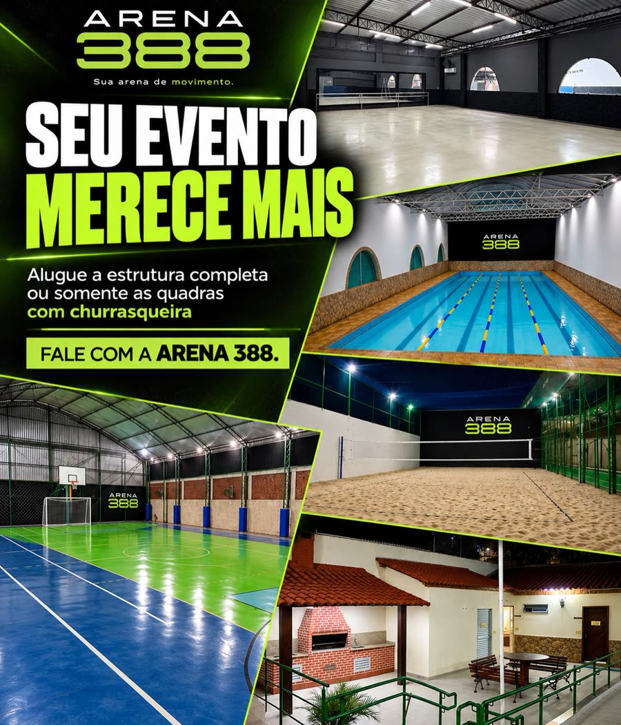 Montagem com quadras, piscina, areia e churrasqueira disponíveis para eventos