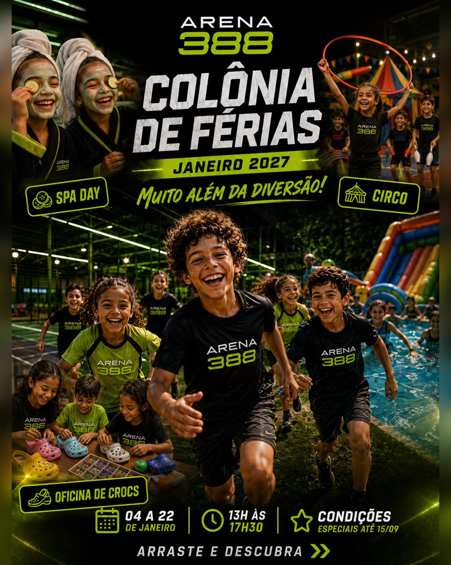 Cartaz da Colônia de Férias 2027 com crianças correndo, spa day, circo, oficina de crocs e piscina