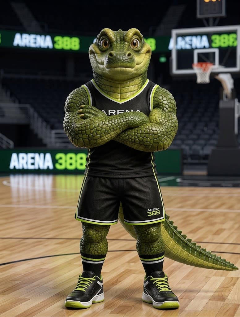 Jacarena, jacaré mascote da Arena 388, de braços cruzados vestindo o uniforme preto e verde da arena em uma quadra de basquete