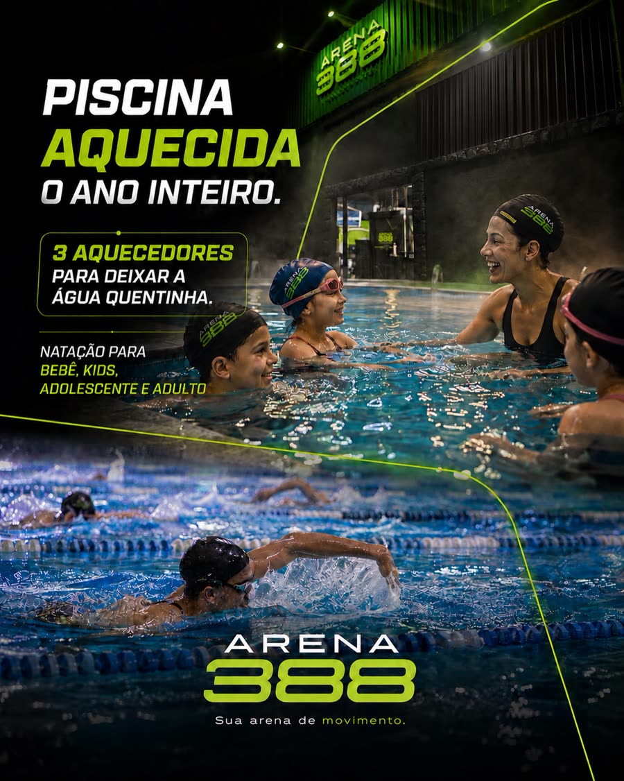 Alunos em aula de natação na piscina aquecida da Arena 388